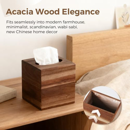 Acacia Wood Tissue Box Cover, Square Wooden Tissue Box Holder for Bathroom | Wooden Cube Tissue Cover with Slide-Out Bottom, Decorative Facial Cube Tissue Holder for Office, Modern Farmhouse Decor