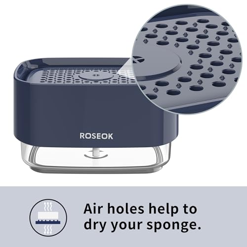 Dish Soap Dispenser with Sponge Holder for Kitchen, Navy Blue | 2 in 1 Countertop Soap Pump Dispenser for Sink, Countertop, Dish Cleaning, 17 Ounces