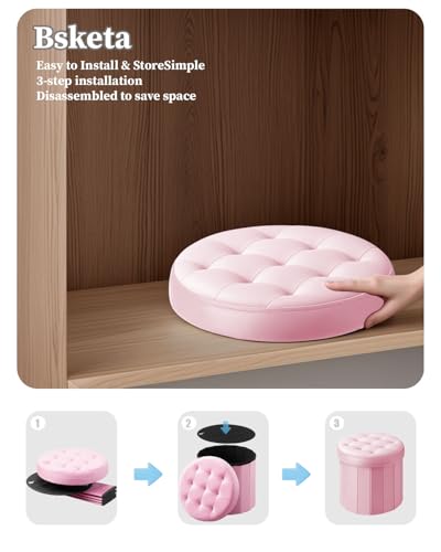 Bsketa Round Storage Ottoman, 14" Folding Velvet Foot Stool Rest,Pink | Foot Stool with Thicker Foam Padded Seat Small Velvet,Livingroom, Dorm, Bedroom, Easy to install,14 x 14 x 13in