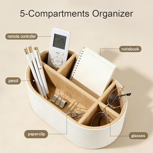 PU Leather Desk Organizer with Multi Compartments, Desktop Caddy Holder for Remote Controls, Pens, Makeup Brushes, Office Accessories (Beige)