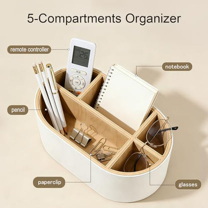 PU Leather Desk Organizer with Multi Compartments, Desktop Caddy Holder for Remote Controls, Pens, Makeup Brushes, Office Accessories (Beige)