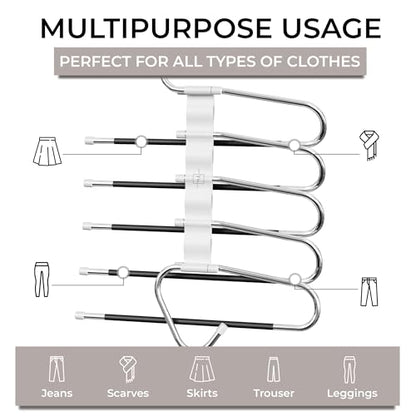 Pants Hangers Space Saving - 2 Pack - Non-Slip Multi-Layer Space Saving Hangers - Multifunctional Clothing Rack for Closet Storage - Ideal for Jeans, Trousers, Skirts, Scarves & Slacks (White)