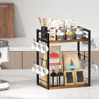 Dorhors Coffee Bar Organizer,Mug Holder,Station Organizer Kitchen Counter | 2 Tier Rustic Brown Wood Coffee Bar Accessiries with 12 Hooks,Countertop Shelf for Mug,Syrup and Accessories