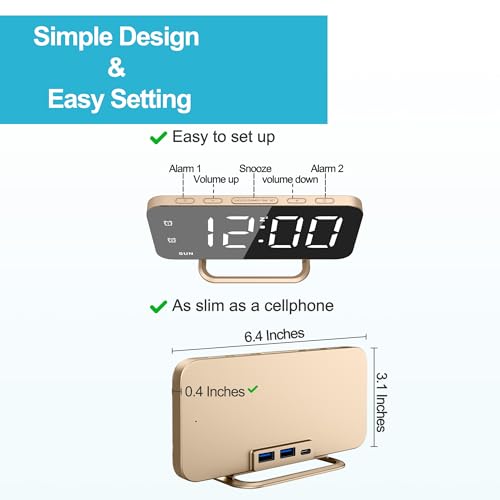 JALL Slim LED Digital Alarm Clock, Mirror Surface for Makeup, with Diming, Large Display, Easy Setting, USB Ports, Modern Decor for Bedroom, Desk, Idea for Women, Sister, College Girl, Black
