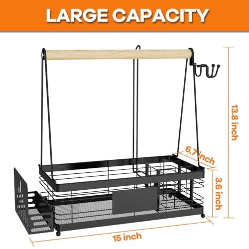 Grill Caddy with Plate Holder and Paper Towel Holder, Picnic BBQ Condiment Utensil Organizer Caddy for Outdoor Cooking, Camping Essential, Camper Must Haves, Grilling Gifts for Men