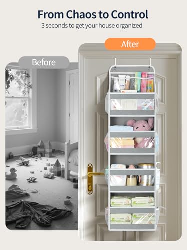 Yecaye 5 Tier Over the Door Organizer, Swing-proof Door Organizer Hanging with Clear PVC Windows, Behind the Door Storage for Bedroom Nursery Closet Laundry Pantry Bathroom, Grey