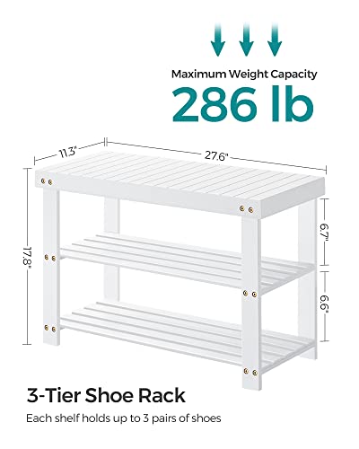 SONGMICS Shoe Rack Bench, 3-Tier Bamboo Shoe Storage Organizer, Entryway Bench, Holds Up to 286 lb, 11.3 x 27.6 x 17.8 Inches, for Entryway Bathroom Bedroom, Cloud White ULBS004W01