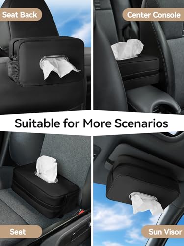 Multi-Functional Car Tissue Holder with 2 Storage Nets, Upgraded PU Leather Tissue Box Cover, Large Rectangle Napkin Organizer Fit for 100-160 Regular Size Tissues, Keep Car Tidy, Black