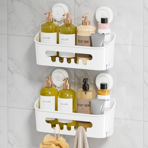 Shower Caddy Suction Cup 2 Pack, Shower Organizer... (White-2 Baskets | Plastic)
