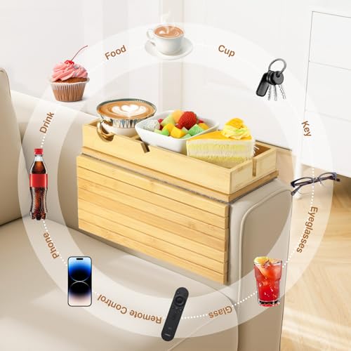 Luxspire Couch Armrest Table, 2-in-1 Magnetic, Detachable, Burlywood | Sofa Arm Tray with Cup Holder and Phone Holder, Foldable Bamboo Couch Cup Holder for Remote Controls, Phones, Snacks, Cups