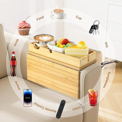 Luxspire Couch Armrest Table, 2-in-1 Magnetic, Detachable, Burlywood | Sofa Arm Tray with Cup Holder and Phone Holder, Foldable Bamboo Couch Cup Holder for Remote Controls, Phones, Snacks, Cups