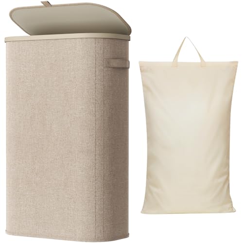 Slim Laundry Basket with Lid, Narrow Laundry Hampe... (Beige | Polyester)