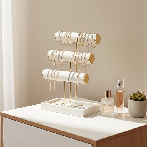 Pangkeep 3 Tier Bracelet Necklace Holder,Jewelry Displays for Vendors,T Bar Velvet Jewelry Stand with Tray,Jewerly Organizer for Bangles Necklace Scrunchie Watches Rings (Beige)