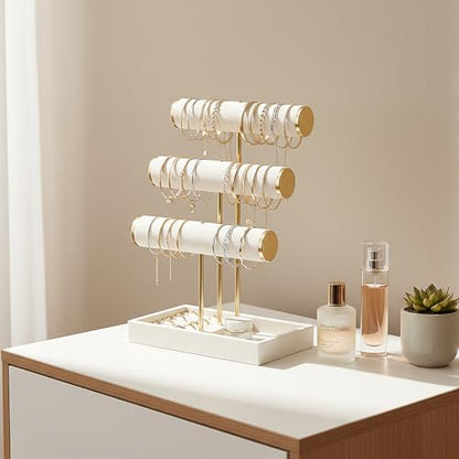Pangkeep 3 Tier Bracelet Necklace Holder,Jewelry Displays for Vendors,T Bar Velvet Jewelry Stand with Tray,Jewerly Organizer for Bangles Necklace Scrunchie Watches Rings (Beige)