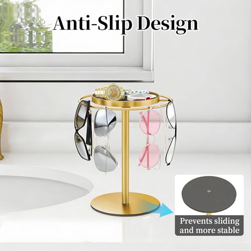 Metal Sunglasses Organizer, Glasses Holder Stand with Storgae Tray, Eyeglasses Holder with Anti-Slip Pads for Tabletop, Desk, Dresser, Gold