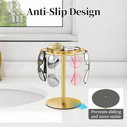 Metal Sunglasses Organizer, Glasses Holder Stand with Storgae Tray, Eyeglasses Holder with Anti-Slip Pads for Tabletop, Desk, Dresser, Gold