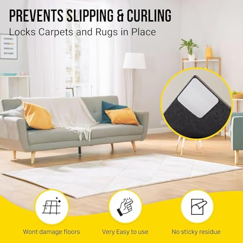 Grip Rug Gripper Carpet Tape - 24pcs, 4x4 in. Anti-Slip Hardwood, Tile Floor, No Damage - Double Sided Reusable, Non Slip Corner Rug Pads - As Seen on TV