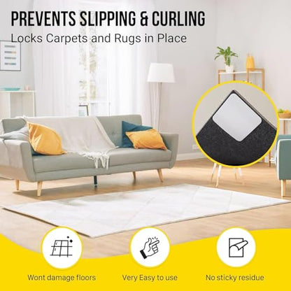 Grip Rug Gripper Carpet Tape - 24pcs, 4x4 in. Anti-Slip Hardwood, Tile Floor, No Damage - Double Sided Reusable, Non Slip Corner Rug Pads - As Seen on TV