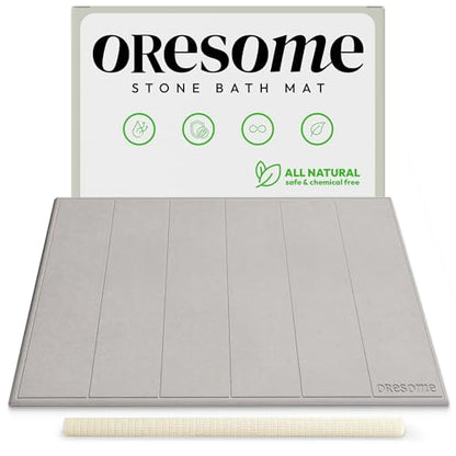 Stone Bath Mat for Bathroom, Diatomaceous Earth Bath Mat, 24" x 16", 1 Pack | Modern Alternative to Fabric Mats, Quick Drying, Fast Water Absorption, Includes Non-Slip Mat & Sanding Tool, Easy to Clean