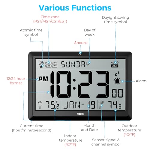 Atomic Wall Clock with Indoor Outdoor Temp, Digital Clocks (Black) | 10.5 inch Clocks Battery Operated DST Atomic Clock Wall for Living Room Bedroom Temperature Humidity Weather Station Clock