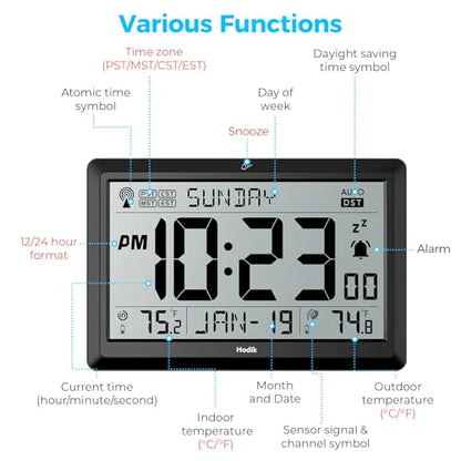 Atomic Wall Clock with Indoor Outdoor Temp, Digital Clocks (Black) | 10.5 inch Clocks Battery Operated DST Atomic Clock Wall for Living Room Bedroom Temperature Humidity Weather Station Clock