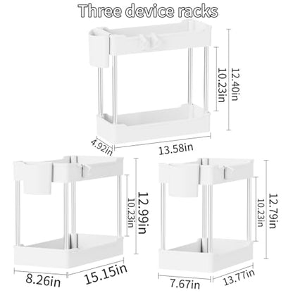 3 Pack Under Sink Organizer Bathroom and Storage Cabinet (White) | 2 Tier with Hanging Cups for Kitchen