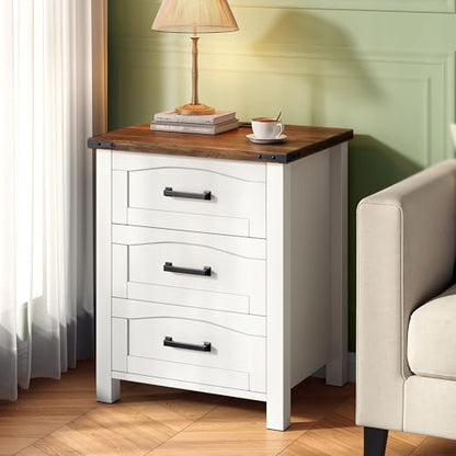 Decofy Farmhouse Nightstand Set of 2 with Charging Station, 18'' Wide Rustic End Table with USB/Type-C Ports, 3 Drawers, Wood Bedside Table for Bedroom, White