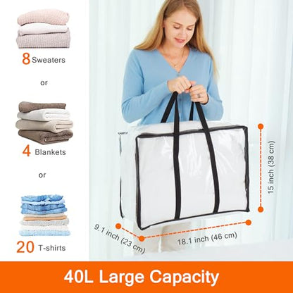 3 Pack Clear Storage Bags for Clothes Blanket Comforter & Bedding | 40L Plastic Storage Bag with Zipper, Foldable Closet Organizer, Moving Bags, Under-Bed Storage