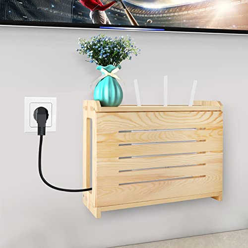 Wooden Router Shelf Wall Mount WiFi Router Storage Box Modem Cable Router Cover Organized Power Strip Cable Management Hider Rack Need Assembly 14.9 * 9.8 * 5.4 in (L* H * W)