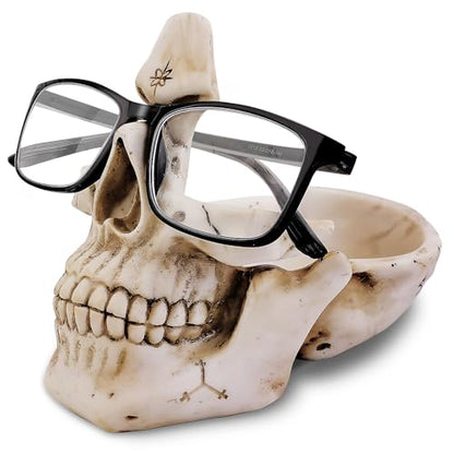 Skull Glasses Holder Stand with Storage Tray , Novelty Eyeglass Holder Rack for Nightstand, Resin Skull Head Sculpture Statue Home Office Desk Decor Gift (White)