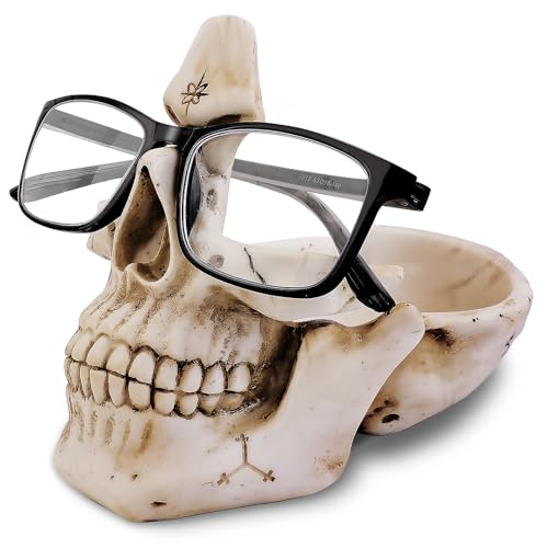 Skull Glasses Holder Stand with Storage Tray , Novelty Eyeglass Holder Rack for Nightstand, Resin Skull Head Sculpture Statue Home Office Desk Decor Gift (White)
