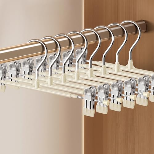 Pants Skirt Hangers with Clips, 10 Pack, Ivory, 12 Inch | Non-Slip,Adjustable metal wide clips,Space-Saving,Heavy duty, for pants/skirt/dress/trousers/jeans/shorts/leggings,Women