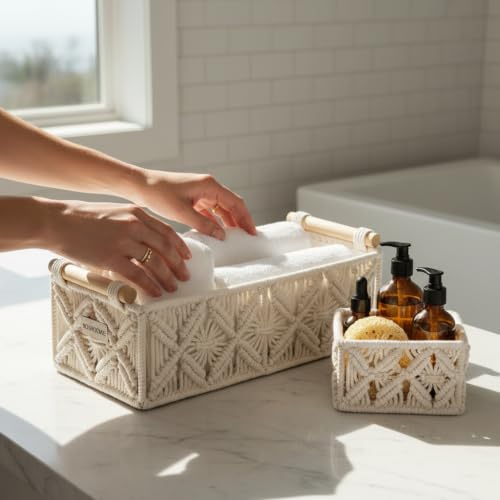 Boho Decor Basket for Toilelt Paper Storage Bathroom Baskets for Organizing | for Bedroom Living Room Nursery Home Decor and Entryway Countertop Storage Use,White