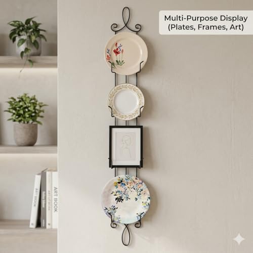 HOHIYA 42" Wall Plate Display Rack 2 Pack 4 Tier Metal Holder Black | Wall-mounted display rack organizes collectible plates artwork and frame while saving space with elegant vertical storage