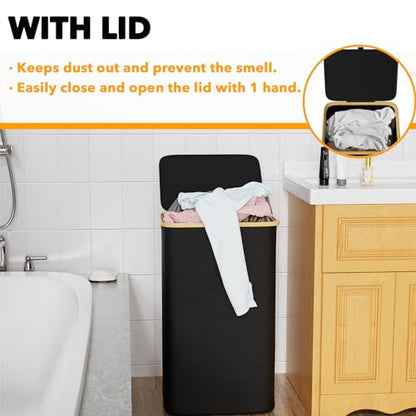 SpaceAid Laundry Hamper with Lid, 110L Large Tall Clothes Basket Bin with Bamboo Handles, Collapsible Laundry Hamper for Bedroom, Bathroom, Dorm, Laundry Room - Black