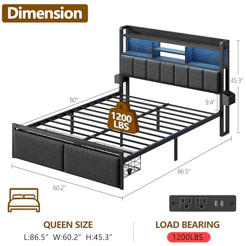 Queen Size Bed Frame with Headboard, Drawers, Charging Station