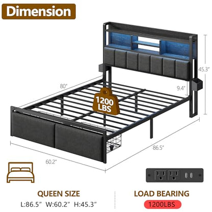 Queen Size Bed Frame with Headboard, Drawers, Charging Station