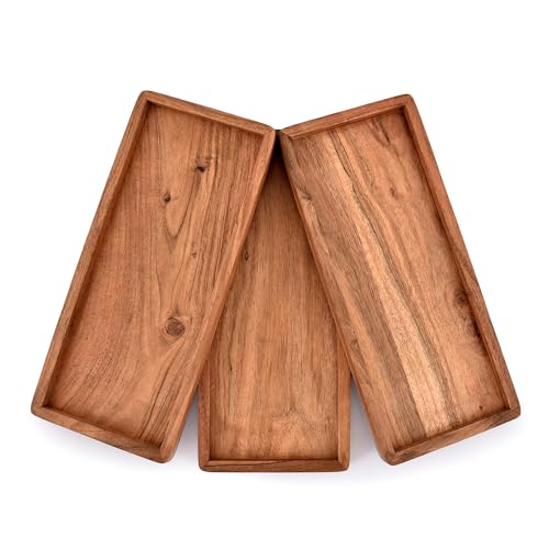 Acacia Wood Rectangular Wooden Platters for Home Decor, Food, Vegetables, Fruit, Charcuterie, Appetizer Serving Tray (13" x 5.5" x 0.75") (Set of 3)