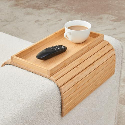 Bamboo Sofa Arm Tray, Anti Falling Couch Arm Tray Table, Foldable Couch Armrest Table, Portable Sofa Armrest Trays Cup Holder for Drink, Cups, Phone, Snacks, Remote