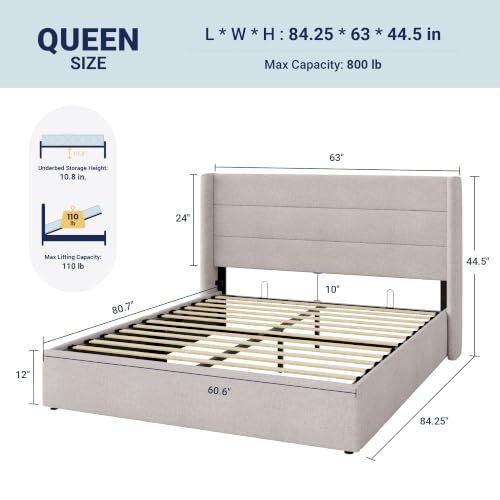 Allewie Queen Size Lift Up Hydraulic Storage Bed Frame Light Beige