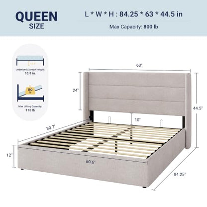Allewie Queen Size Lift Up Hydraulic Storage Bed Frame Light Beige