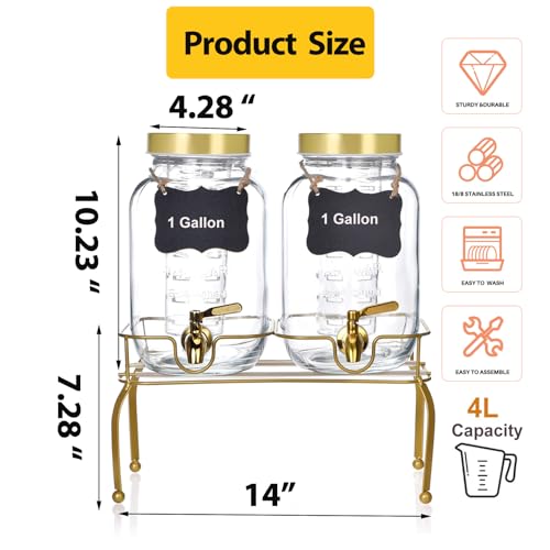 1 Gallon Glass Drink Dispenser Set of 2 – Drink Dispensers for Parties, Beverage Dispenser with Stand & 100% Leakproof Spigot, Ideal for Lemonade, Juice, Laundry Detergent Dispenser