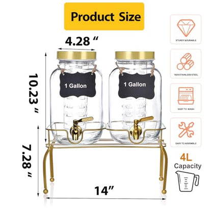 1 Gallon Glass Drink Dispenser Set of 2 – Drink Dispensers for Parties, Beverage Dispenser with Stand & 100% Leakproof Spigot, Ideal for Lemonade, Juice, Laundry Detergent Dispenser