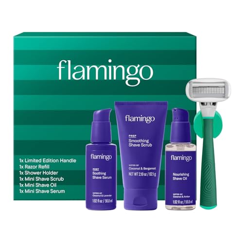 Flamingo Complete Shave Set for Women- Razor Handle, Blade Refill, Mini Smoothing Shave Scrub, Mini Nourishing Shaving Oil, Mini Soothing Shave Serum, and Shower Holder