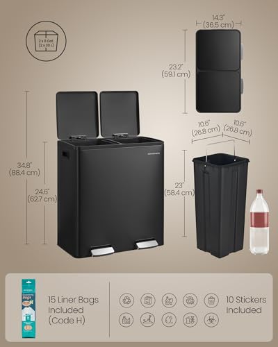 SONGMICS Trash Can, Double Compartment Garbage Can, Stainless Steel | 2 X 8 Gallon (2 x 30 L) for Recycling, with 15 Liner Bags, Soft-Close Lids, Removable Buckets, Black ULTB160BZ01