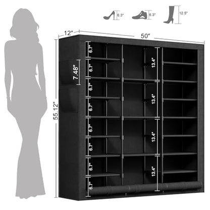 9 Tier Shoe Rack with Cover, Cabinet for 55 Pairs, Black | Large family capacity for boots/heels/sneakers. Reinforced stability. Slim footprint, corner-friendly. Quick no-tool setup.