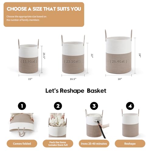 Laundry Basket Hamper Tall Rope Storage Woven for Blanket Toys Dirty Clothes in Living Room Bathroom Bedroom White & Brown 60L/15.8Gal