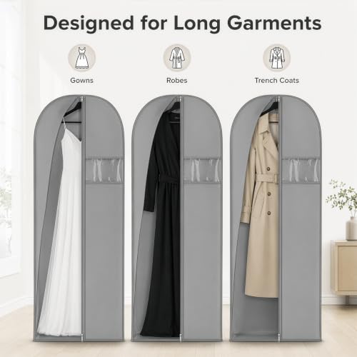 Dress Bags for Gown, Garment Bag for Long Trench Coat, 23.6" x 65" | PEVA Clothes Cover, For Bridesmaid, Ball, Wedding Gown, Clear Windows, Dustproof, Keep Dry, Travel, 3 Pack