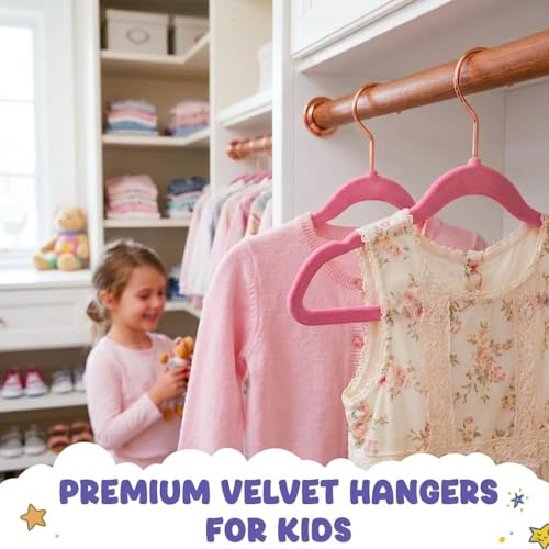 HOUSE DAY Velvet Kids Hangers 60 Pack, Premium Childrens Hangers for Closet | Blush Pink Ultra Thin Cute Clothes Hanger, Non Slip Small Felt Hanger 14 Inch for Kids Clothes +360° Swivel Rose Gold Hook
