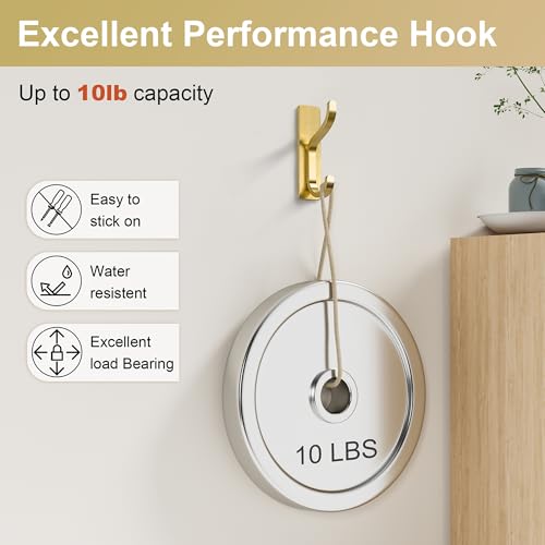 Adhesive Wall Hooks for Towel/Coat,13Lb Strong Stick-On Hooks, Gold 4 Pack | Hooks for Walls No Damage, Hooks Hanging Heavy Duty, Peel and Stick Hooks for Closet, Door, Bathroom, for Purse, Bag, Cloth